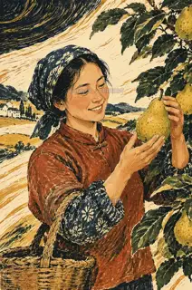 Picking Pears at White Dew · Illustration Image