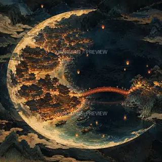 Red Bridge on a Crescent River · Illustration AI Image