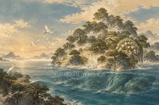 A Mountain at Sea · Printmaking AI Image