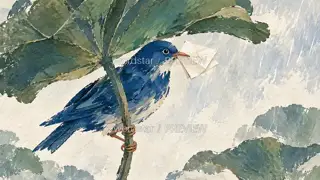 Bluebird beneath a Leaf · Illustration Image