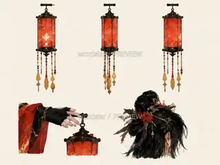 Crimson Lantern Night Patrol, promo page original character, divine components and gestures · Illustration Image